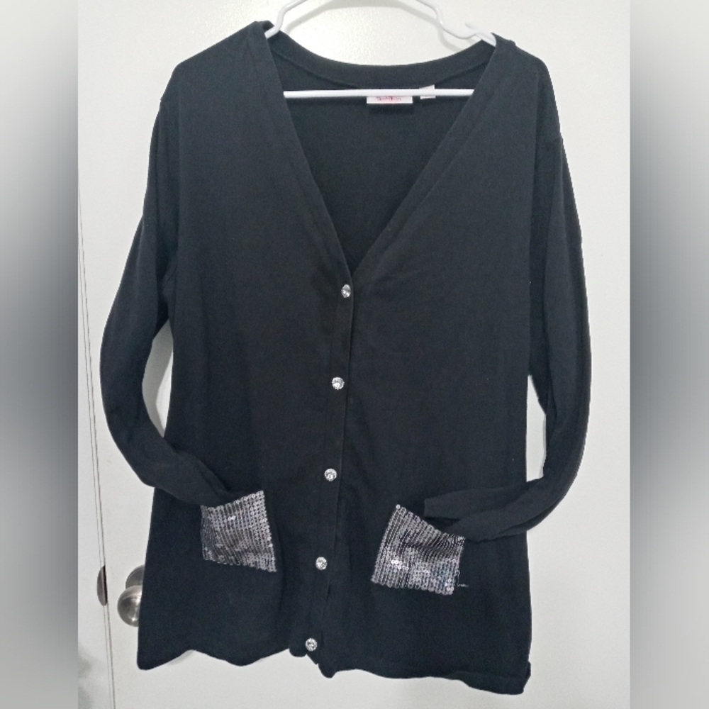 Quacker Factory Long sleeve Button up cardigan Sweater w Sequined Pockets 2X